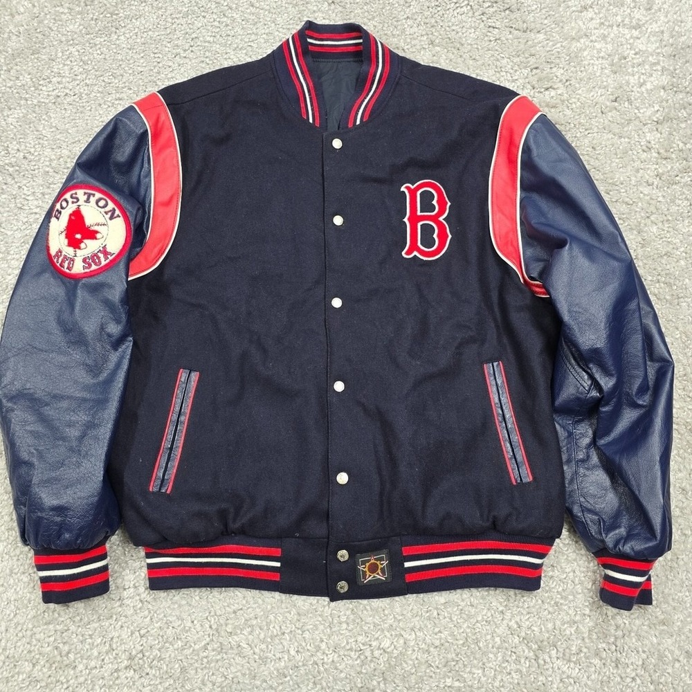 JH Design Boston Red Sox Varsity Jacket Mens Wool Leather Reversible Navy Red XL